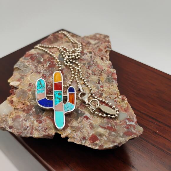 Saguaro Cactus Pendant/Brooch on 18-in Beaded Chain - Picture 1 of 5